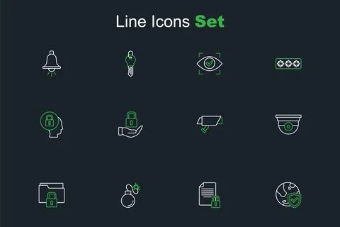 Set line Shield with world globe, Document and lock, Bomb, Folder, Security.. Stock Illustration
