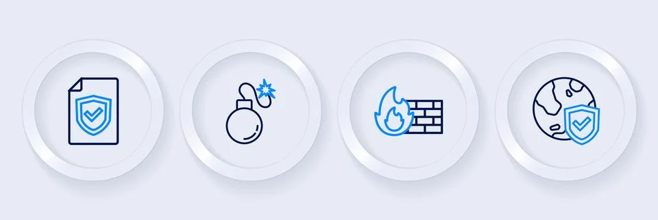 Set line Shield with world globe, Firewall, security wall, Bomb and Contrac.. Ilustración de archivo