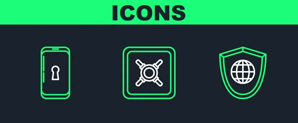 Set line Shield with world globe, Smartphone lock and Safe icon. Vector Stock Illustration