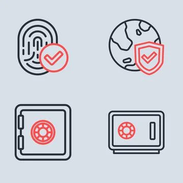 Set line Shield with world globe, Safe,  and Fingerprint icon. Vector Stock Illustration