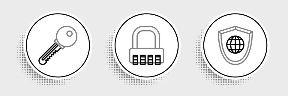 Set line Shield with world globe, Key and Safe combination lock icon. Vector Stock Illustration