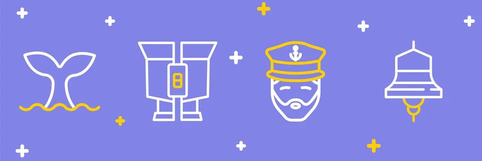 Set line Ship bell, Captain of ship, Binoculars and Whale tail icon. Vector Stock Illustration