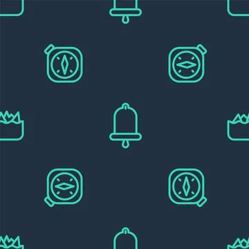 Set line Ship bell, Compass and Sharp stone reefs on seamless pattern. Vector Stock Illustration