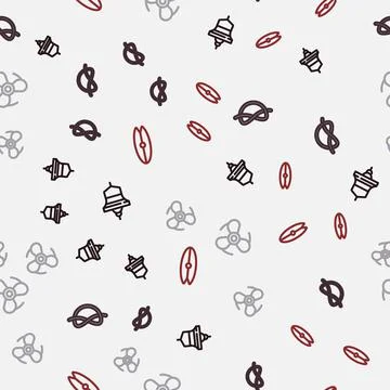 Set line Ship bell, Nautical rope knots, Boat propeller and Surfboard on Illustrazione stock