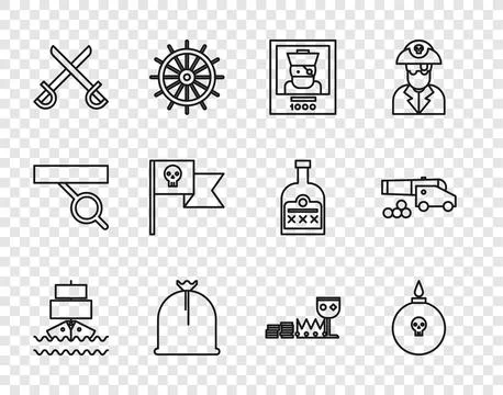 Set line Ship, Bomb ready to explode, Wanted poster pirate, Pirate sack, Crossed イラスト素材