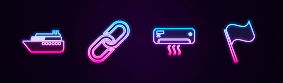 Set line Ship, Chain link, Air conditioner and Flag. Glowing neon icon. Vector Illustrazione stock