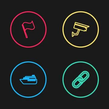 Set line Ship, Chain link, Security camera and Flag icon. Vector Stock Illustration