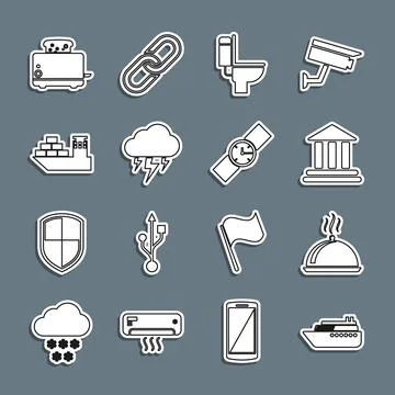 Set line Ship, Covered with tray of food, Bank building, Toilet bowl, Storm Ilustración de archivo