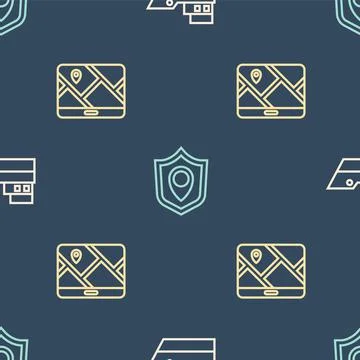 Set line Ship line path, City map navigation and Location shield on seamless Stock Illustration