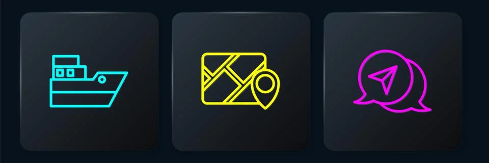 Set line Ship line path, Infographic of city map navigation and . Black square Stock Illustration