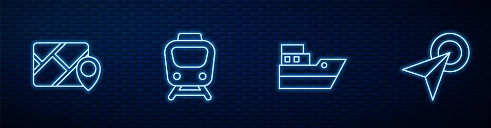 Set line Ship line path, Infographic of city map navigation, Train and . Glowing Stock Illustration