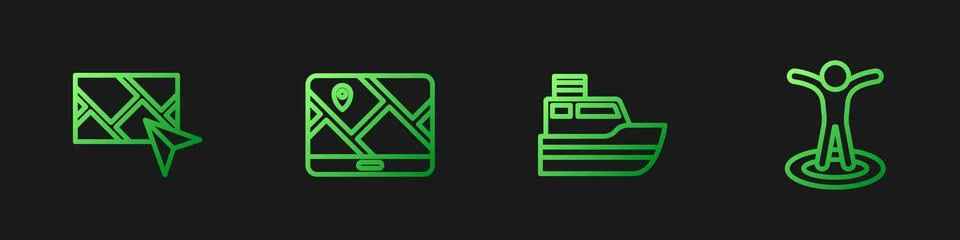 Set line Ship line path, City map navigation, and Location with person. Gradient Illustrazione stock