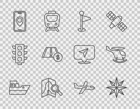 Set line Ship line path, Wind rose, Location marker, Search location, City map Stock Illustration