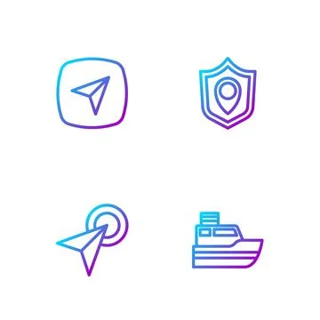 Set line Ship line path, Infographic of city map navigation, and Location shield Stock Illustration