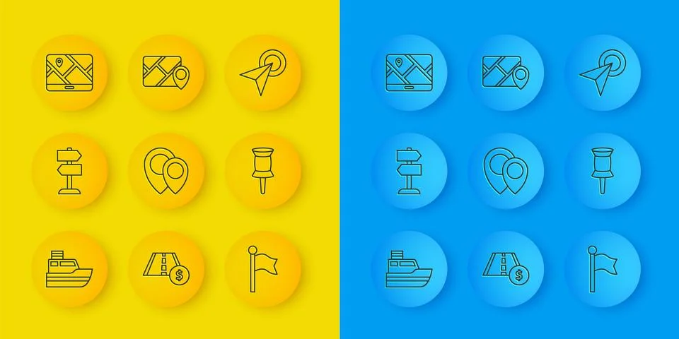 Set line Ship line path, Road traffic sign, Location, marker, Push pin, City map Stock Illustration