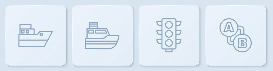 Set line Ship line path, Traffic light, and Route location. White square button Stock Illustration