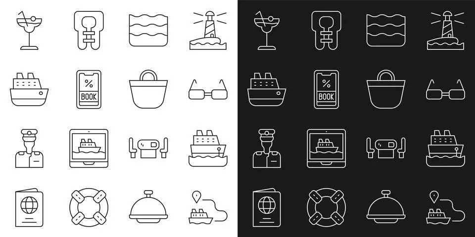 Set line Ship line path, Cruise ship, Glasses, Wave, ticket, Cocktail and Beach Stock Illustration