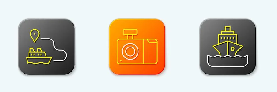 Set line Ship line path, Photo camera and Cruise ship icon. Vector Stock Illustration