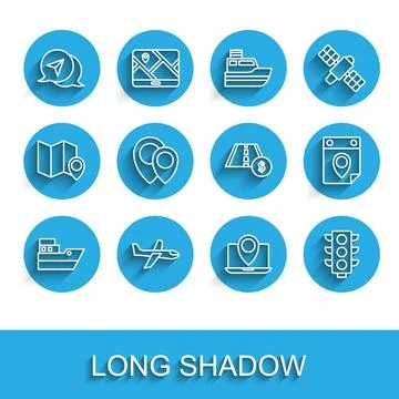 Set line Ship line path, Plane, Infographic of city map navigation, Laptop .. Stock Illustration