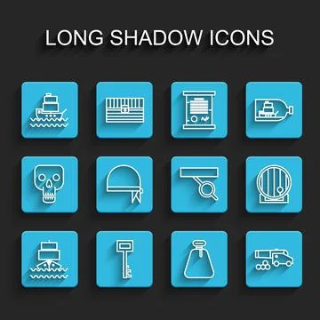 Set line Ship, Pirate key, sack, Cannon with cannonballs, bandana for head Stock Illustration