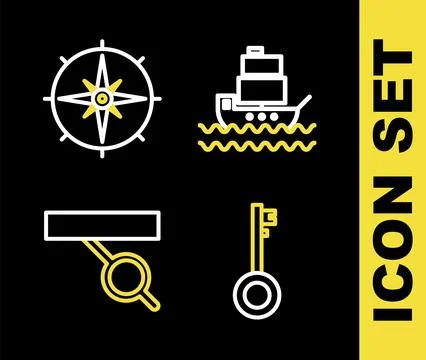 Set line Ship, Pirate key, eye patch and Wind rose icon. Vector Illustrazione stock