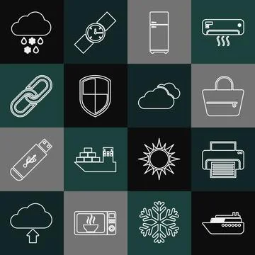 Set line Ship, Printer, Handbag, Refrigerator, Shield, Chain link, Cloud with Stock Illustration