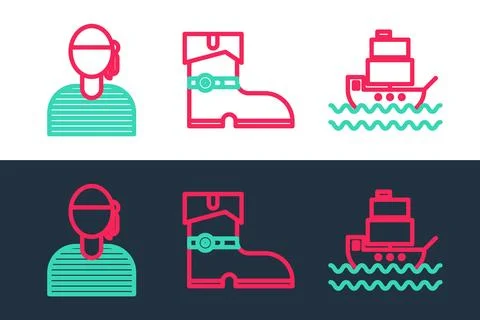 Set line Ship, Sailor captain and Leather pirate boots icon. Vector Stock Illustration