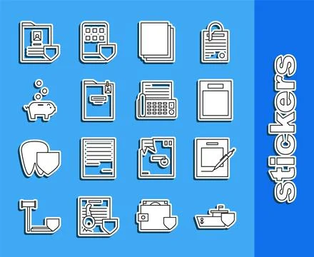 Set line Ship with shield, Blank notebook and pen, Empty form, Clean paper,.. 库存插图