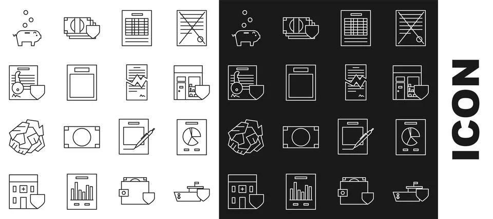 Set line Ship with shield, Document graph chart, Shopping building, Report file Ilustración de archivo