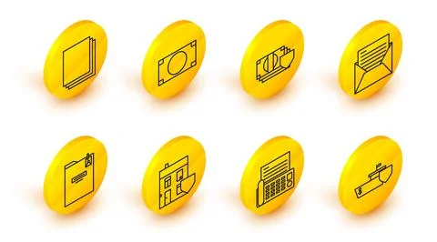 Set line Ship with shield, Fax machine, House, Personal folder, Mail and e-mail Stock Illustration