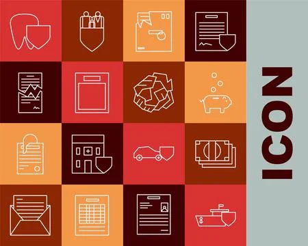 Set line Ship with shield, Stacks paper money cash, Piggy bank coin, Ordered  Illustrazione stock