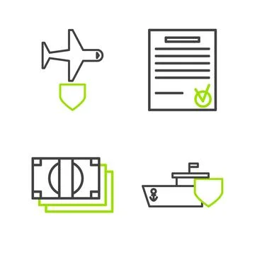 Set line Ship with shield, Stacks paper money cash, Confirmed document and .. Stock Illustration