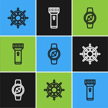 Set line Ship steering wheel, Compass and Flashlight icon. Vector Stock Illustration