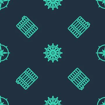 Set line Ship steering wheel, Wooden barrel and Wind rose on seamless pattern Illustrazione stock