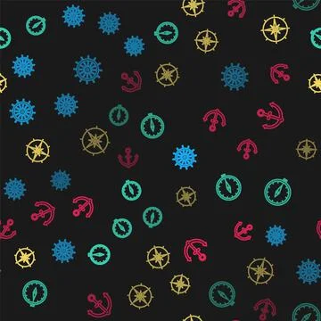 Set line Ship steering wheel, Compass, Wind rose and Anchor on seamless pattern Stock Illustration