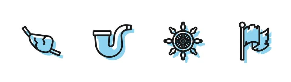 Set line Ship steering wheel, Pirate eye patch, Smoking pipe and flag icon Stock Illustration