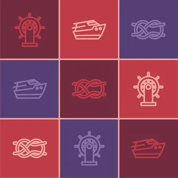 Set line Ship steering wheel, Nautical rope knots and Speedboat icon. Vector Stock Illustration