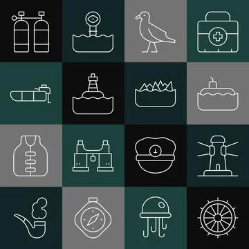Set line Ship steering wheel, Lighthouse, Submarine, Bird seagull, Floating buoy Illustrazione stock