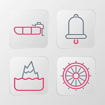 Set line Ship steering wheel, Iceberg, bell and Inflatable boat with motor icon Stock-Illustration