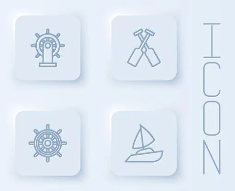 Set line Ship steering wheel, Crossed oars or paddles boat,  and Yacht sailbo Illustration