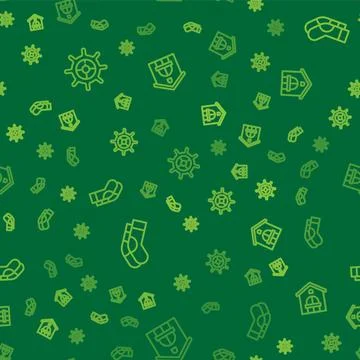 Set line Ship steering wheel, Socks and Farm house on seamless pattern. Vector Illustrazione stock