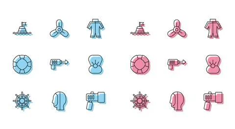 Set line Ship steering wheel, Diving hood, Floating buoy on the sea, Flashlig Illustrazione stock