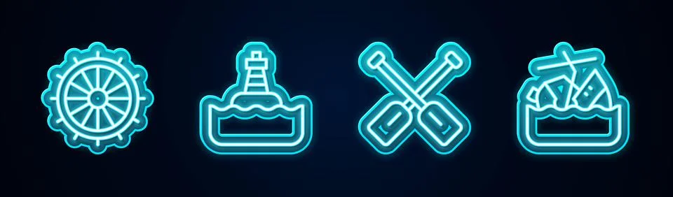 Set line Ship steering wheel, Floating buoy, Paddle and Sinking cruise ship.  Illustrazione stock