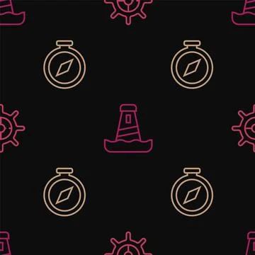 Set line Ship steering wheel, Compass and Lighthouse on seamless pattern. Vector 스톡 일러스트