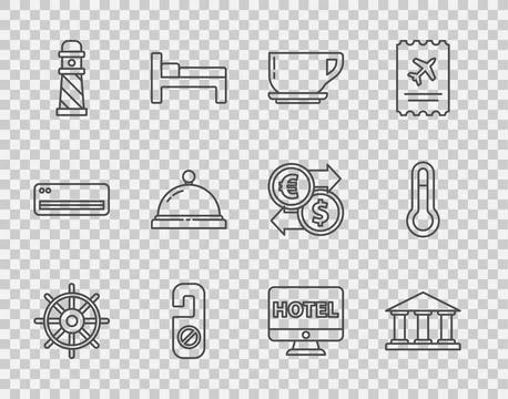 Set line Ship steering wheel, Museum building, Coffee cup, Please do not di.. Ilustración de archivo