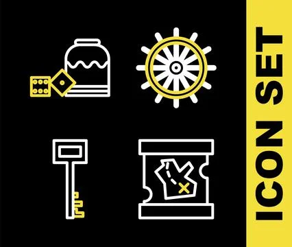 Set line Ship steering wheel, Pirate treasure map, key and game dice icon. .. Stock Illustration