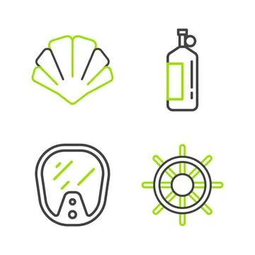 Set line Ship steering wheel, Diving mask, Aqualung and Scallop sea shell i.. 库存插图