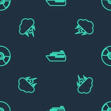 Set line Ship, Storm and CD DVD disk on seamless pattern. Vector Stock Illustration