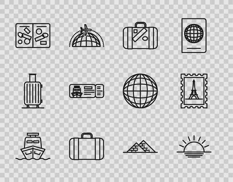 Set line Ship, Sunset, Suitcase for travel and stickers, Passport pages with 스톡 일러스트