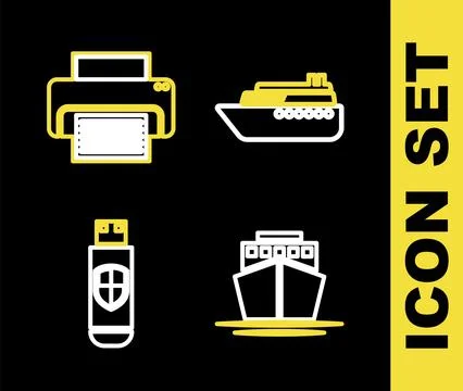 Set line Ship, USB flash drive and shield and Printer icon. Vector イラスト素材